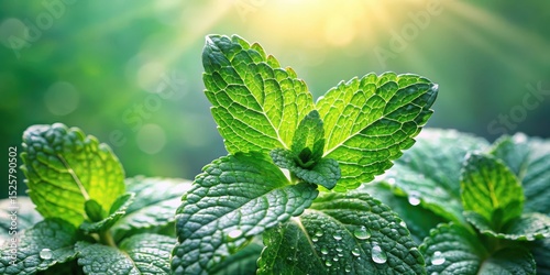 Fresh mint leaves glistening with dewdrops on a green stem, botanical imagery