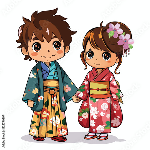 Cute Kids Wearing Traditional Japanese Kimono