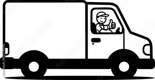 Man Giving Thumbs Up While Driving a Delivery Van with Happy Expression in Detailed Line Art
