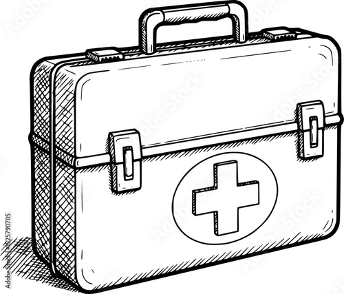 First aid kit illustration with medical cross in vintage engraved style. Medical supplies case.
