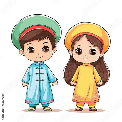Cute Kids Wearing Ao Dai – Vietnamese Traditional Costume Illustration