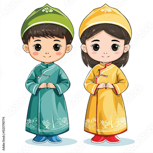 Cute Kids Wearing Ao Dai – Vietnamese Traditional Costume Illustration