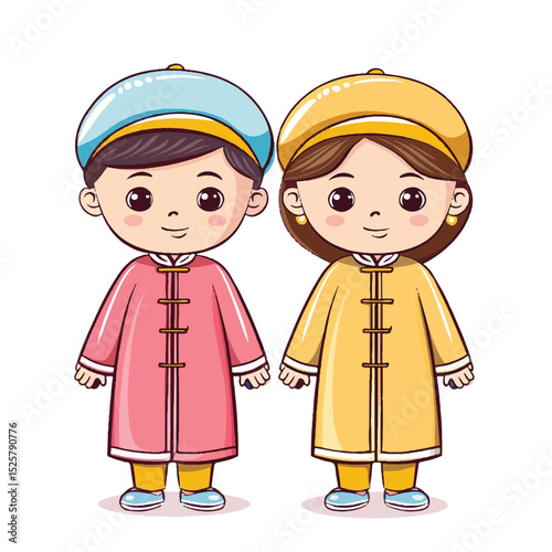 Cute Kids Wearing Ao Dai – Vietnamese Traditional Costume Illustration