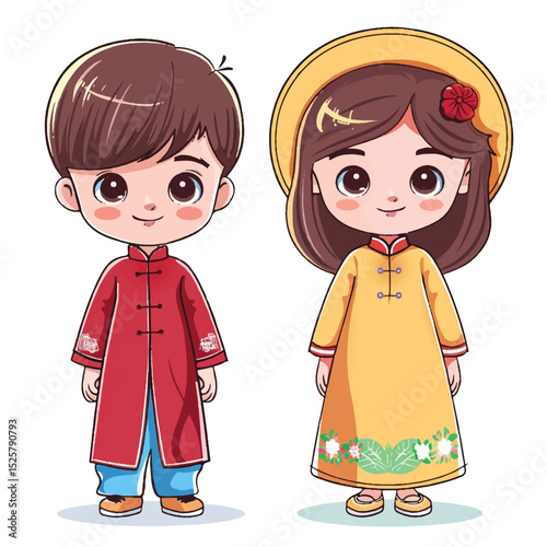 Cute Kids Wearing Ao Dai – Vietnamese Traditional Costume Illustration