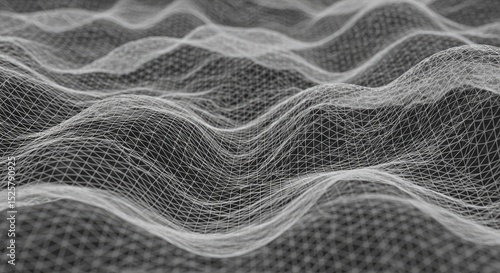 Abstract digital landscape.  A grayscale network of lines and dots, resembling a terrain map, displays undulating ridges and valleys.  The design suggests a complex data visualization