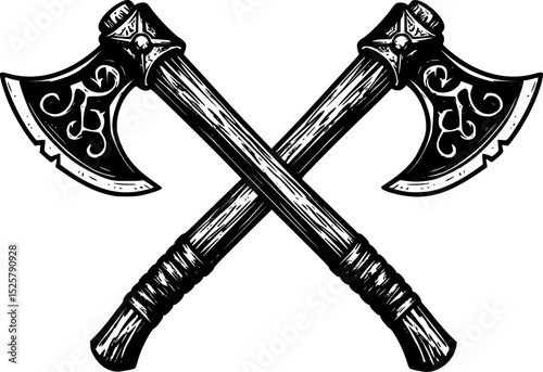 Two Crossed Axes in Detailed Black and White Engraved Style Illustration
