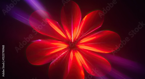 Abstract floral design with vibrant red petals and glowing center.  Intense colors radiate outwards, creating a dynamic and captivating visual