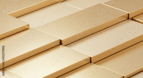 Abstract geometric arrangement of golden rectangular blocks.  A 3D rendering showcases stacked, overlapping, textured golden rectangles, creating a modern and sophisticated visual pattern
