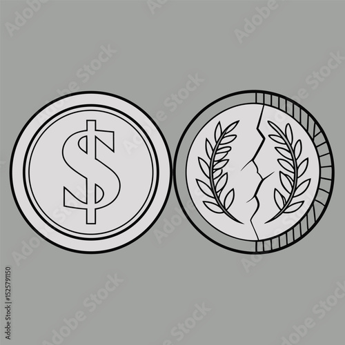 Symbolic representation of dollar currency and damaged currency coin illustration
