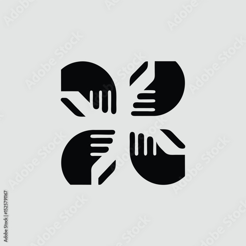 Symbolic representation of four hands reaching together with transparent elements