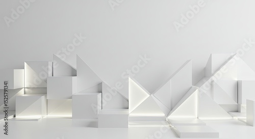 Abstract geometric shapes in white, illuminated by subtle light