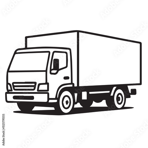 A minimalist black and white vector truck design featuring clean lines, bold black outlines, and simple geometric shapes for visual impact.

