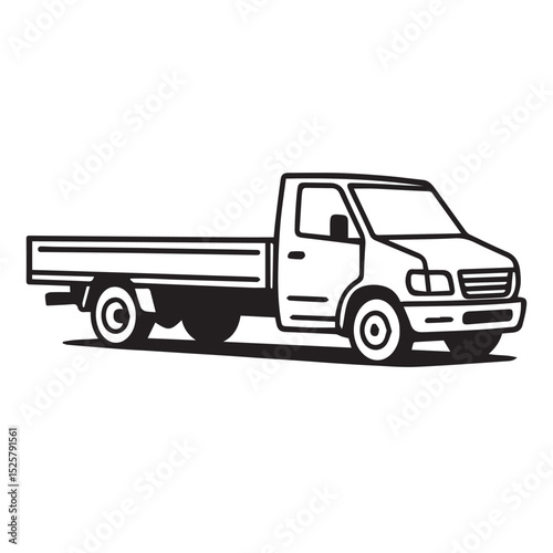 Minimalist vector truck image rendered in pure black and white, using bold black outlines to define essential shapes and flat design elements.

