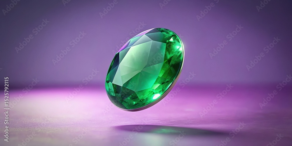 Oval emerald gemstone suspended in mid-air against a soft light lavender background Oval emerald gemstone suspended in mid-air against a soft light lavender background
