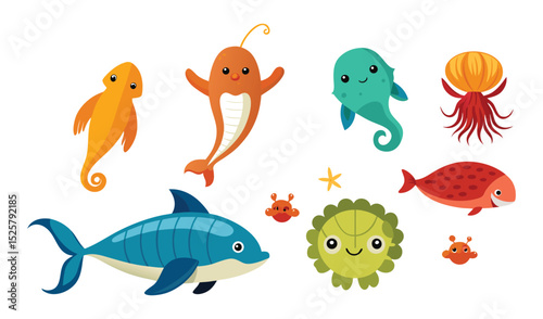 Adorable Cartoon Sea Creatures Featuring a Dolphin, Fish, Jellyfish, Starfish, and Other Animals