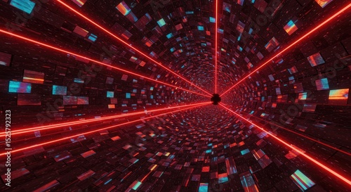 Abstract digital tunnel with vibrant colors and laser beams