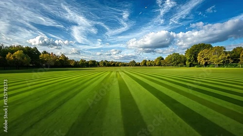Striped Green Field Under a Blue Sky