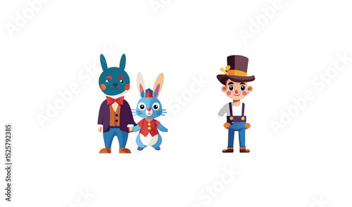 Cartoon Bunnies in Formal Wear and a Boy in Overalls with Top Hat