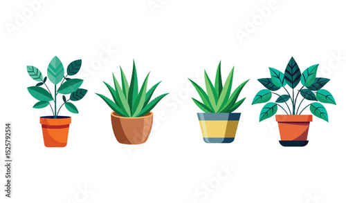 Cartoon Illustration Four Different Potted Plants Isolated on a White Background