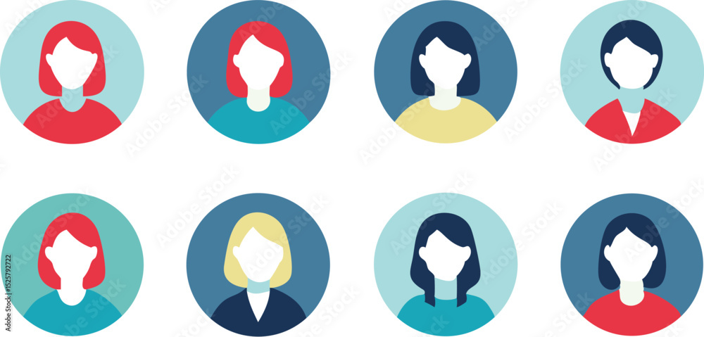 Fototapeta premium Collection of Eight Flat Vector Female Avatars Diverse Icons for Web and Design Projects