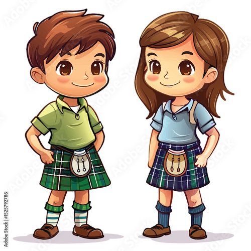 Cute Kids Wearing Kilts – Scottish Traditional Costume Illustration