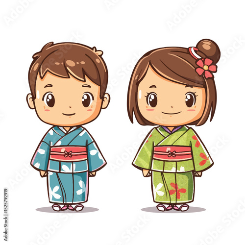 Cute Kids Wearing Traditional Japanese Kimono