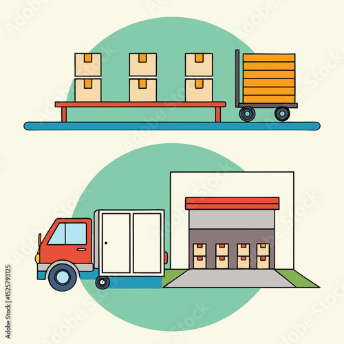 Warehouse and truck illustration depicting shipping and delivery logistics in vector style