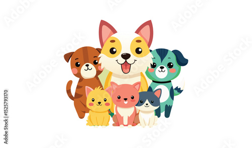 Group of Cartoon Dogs and Cats Cute Pet Illustration on White Background