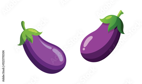 Two Cartoon Eggplants with Green Stems Isolated on White Background Illustration Style