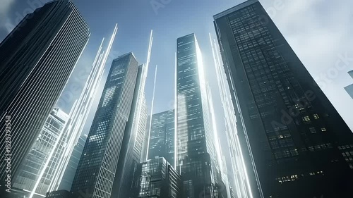 Futuristic cityscape with towering skyscrapers reflecting sunlight amidst a dynamic urban environment