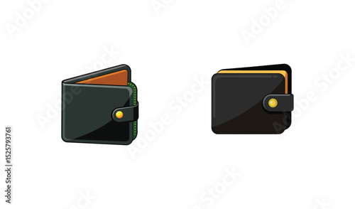 Two Cartoon Wallets One Open, Green Stitching; One Closed, Gold Button