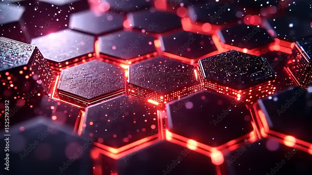 Abstract hexagonal grid animation with glowing edges and particles for technology theme