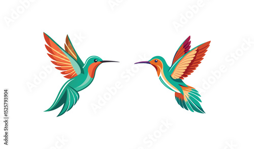 Two Colorful Hummingbirds in Flight with Teal, Orange and Purple Isolated on White