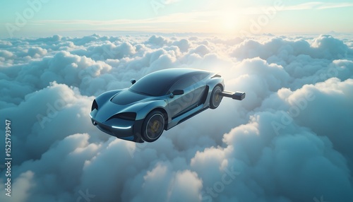 Futuristic flying car levitating amidst clouds under a bright sun innovative technology