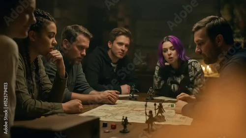Group of friends engaged in a tabletop role-playing game session in a cozy, dimly-lit room