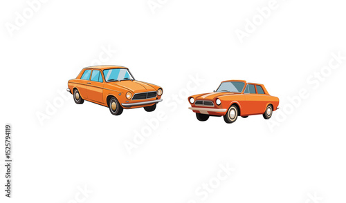 Two Orange Vintage Cars Illustration Isolated on White Background, Automotive Classic Design
