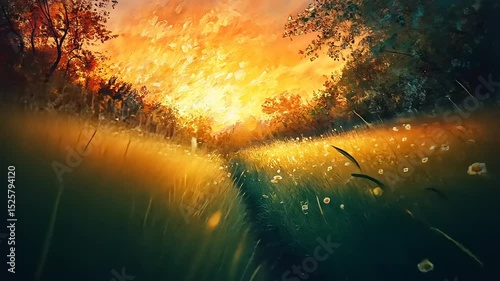 Serene sunset landscape with golden fields, vibrant colors, and a peaceful atmosphere