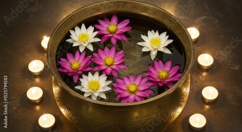 A brass bowl filled with water, lotus flowers, and candles
