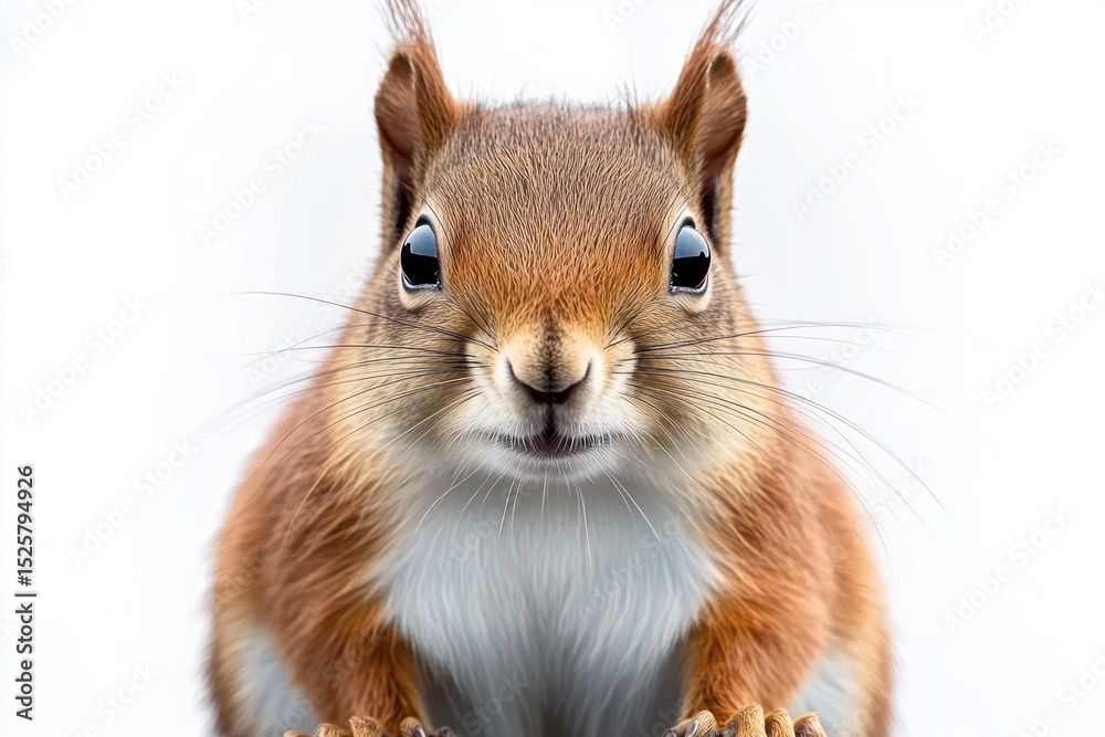 Obraz premium close-up of a curious brown squirrel looking directly at the camera with bright eyes and detailed fur against a white background