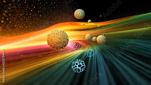 Colorful abstract representation of particles moving through a vibrant wave of light in a digital space