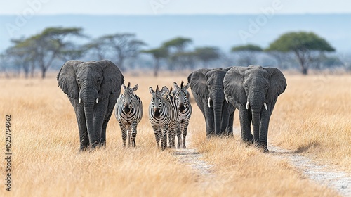 Elephants and zebras walking in a savanna.