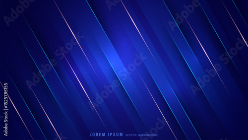 Futuristic abstract background features deep blue gradient with diagonal glowing lines and layered geometric stripes