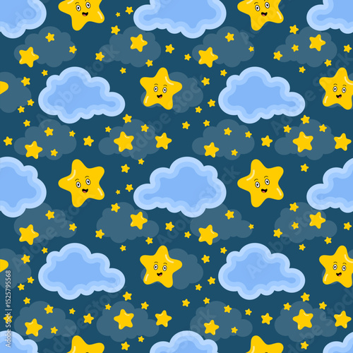 cartoon smiling stars cloud seamless pattern