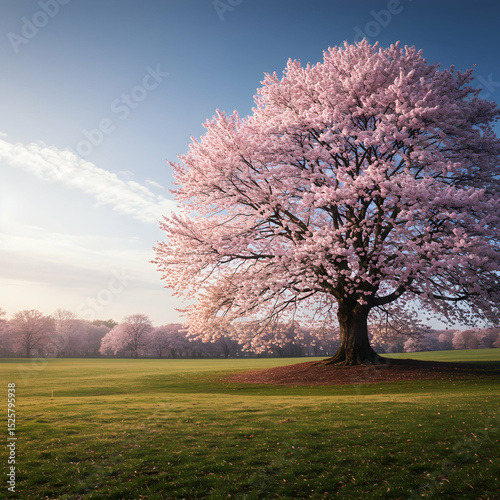 Pink Cherry Blossom Tree in Spring Meadow: Peaceful Sunrise Landscape