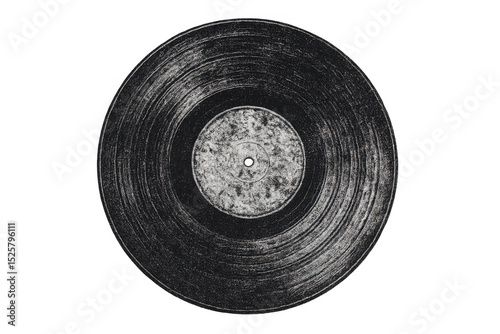 Black vinyl record with visible scratches and dust, isolated on transparent background, representing vintage music and analog sound
