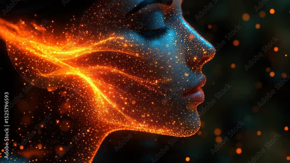 A female profile, illuminated by shimmering,  orange-gold particles, that flow like a fiery nebula across her face