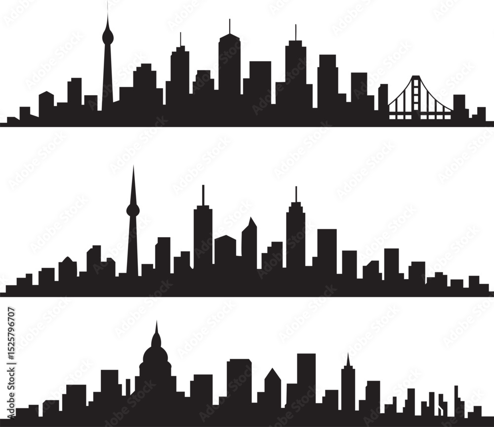 Naklejka premium Modern City Skyline Silhouette Urban with Bridge Architecture and Tower Landmarks.