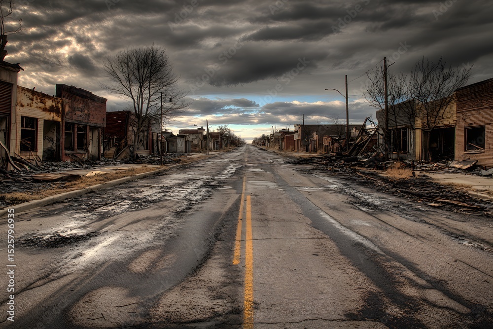 Fototapeta premium Deserted Fire-Battered Town: A wide-angle shot of a small town, its buildings burned down with only the skeletal remains standing.
