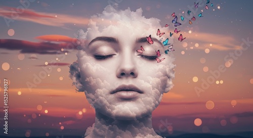 A serene woman's face, merged with clouds, with butterflies