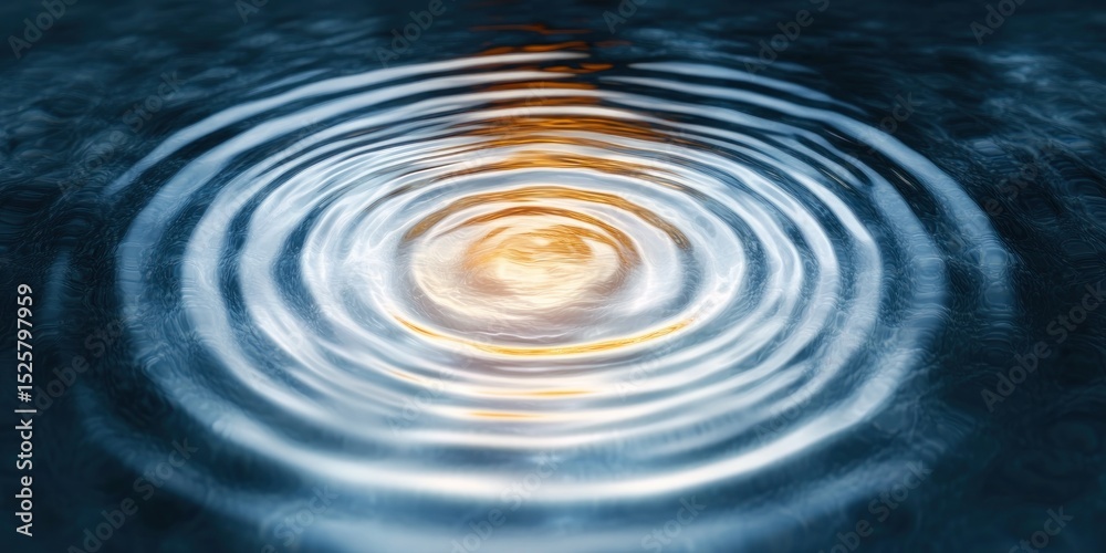 Close-up of calm water surface with concentric ripples reflecting warm light in a dark environment, evoking tranquility and subtle motion Close-up of calm water surface with concentric ripples reflecting warm light in a dark environment, evoking tranquility and subtle motion